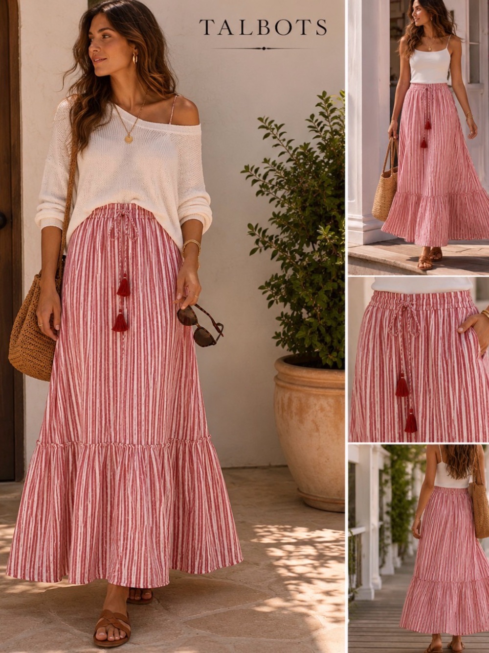 Talbots Linen Blend Maxi Skirt Women Size XL  Red White Tassels Coastal Beach #4